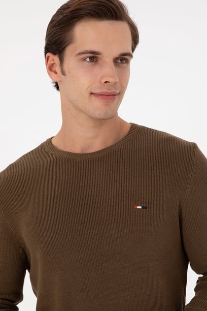 Erkek Slim Fit Bisiklet Yaka Haki Basic Kazak