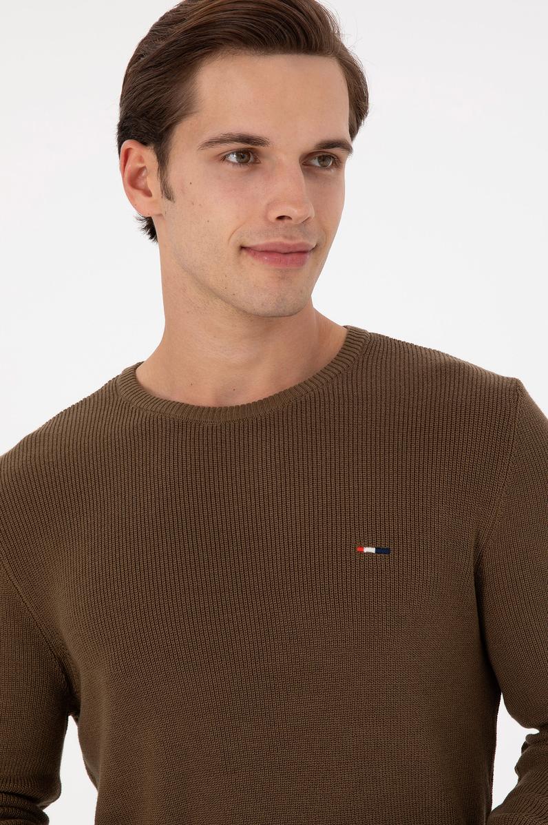 Erkek Slim Fit Bisiklet Yaka Haki Basic Kazak