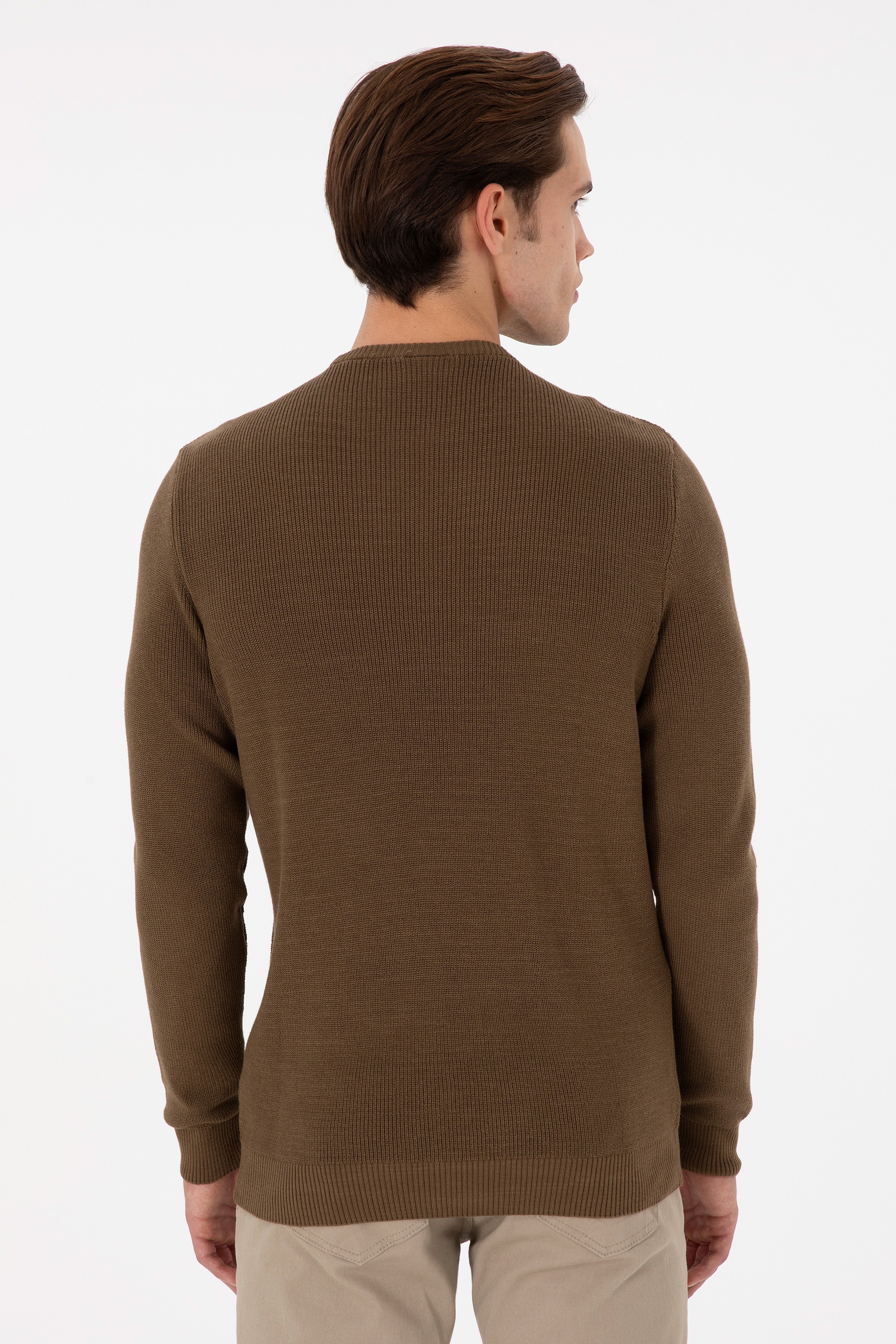 Erkek Slim Fit Bisiklet Yaka Haki Basic Kazak