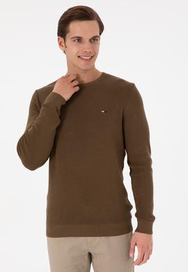 Erkek Slim Fit Bisiklet Yaka Haki Basic Kazak - 50298282048