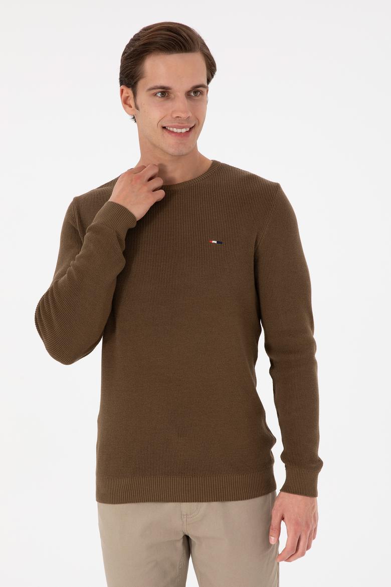 Erkek Slim Fit Bisiklet Yaka Haki Basic Kazak