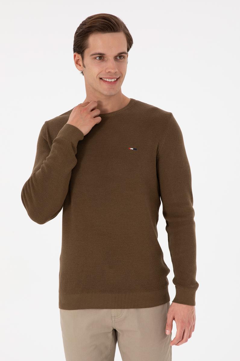 Erkek Slim Fit Bisiklet Yaka Haki Basic Kazak