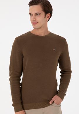 Erkek Slim Fit Bisiklet Yaka Haki Basic Kazak - 50298282048