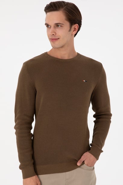 Erkek Slim Fit Bisiklet Yaka Haki Basic Kazak