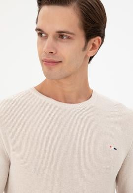 Erkek Slim Fit Bisiklet Yaka Krem Basic Kazak - 50298282053