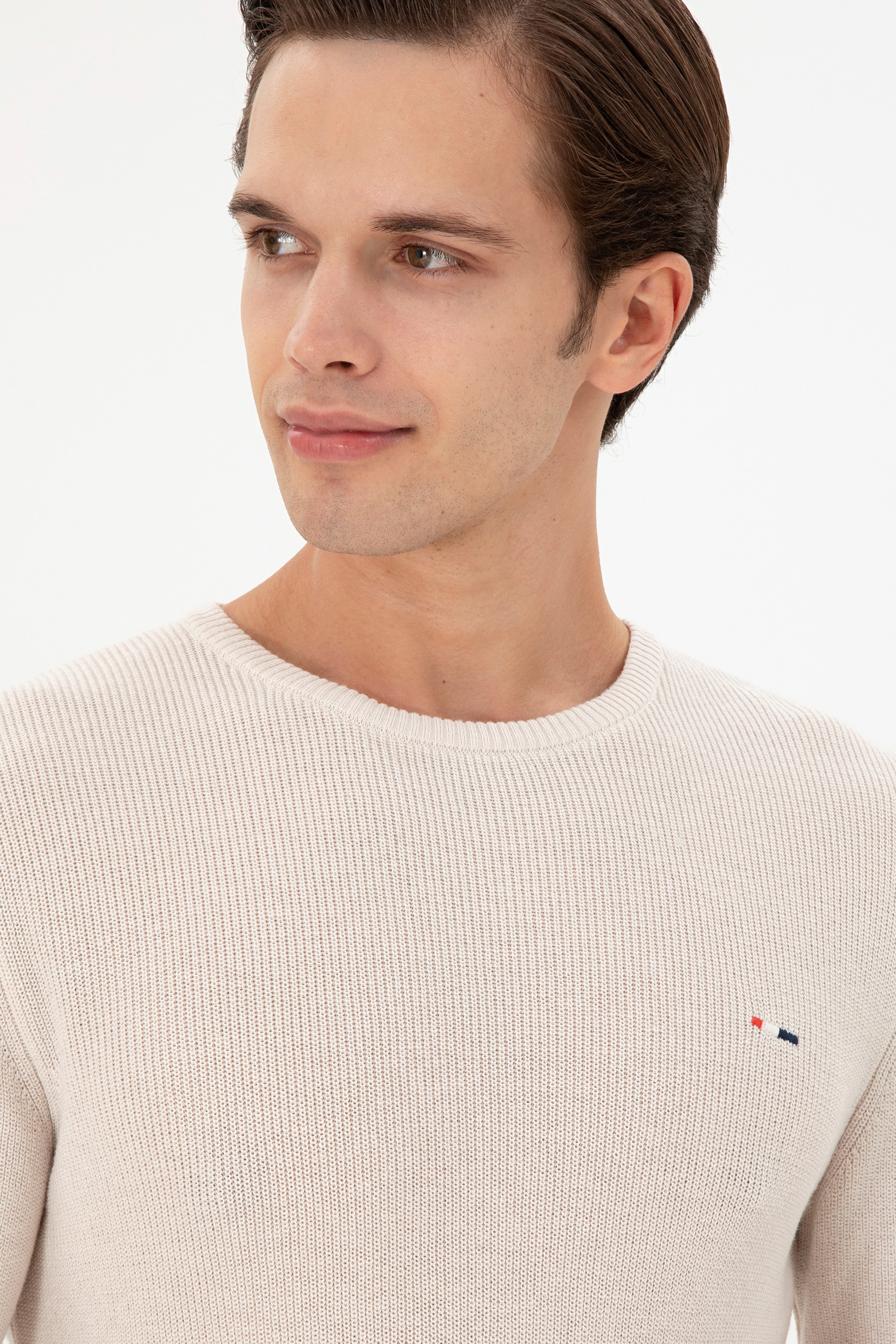 Erkek Slim Fit Bisiklet Yaka Krem Basic Kazak