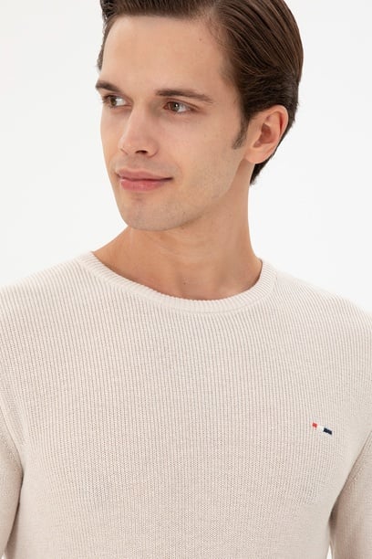 Erkek Slim Fit Bisiklet Yaka Krem Basic Kazak