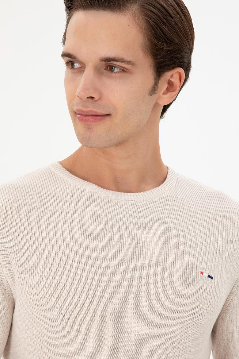 Erkek Slim Fit Bisiklet Yaka Krem Basic Kazak - 50298282053