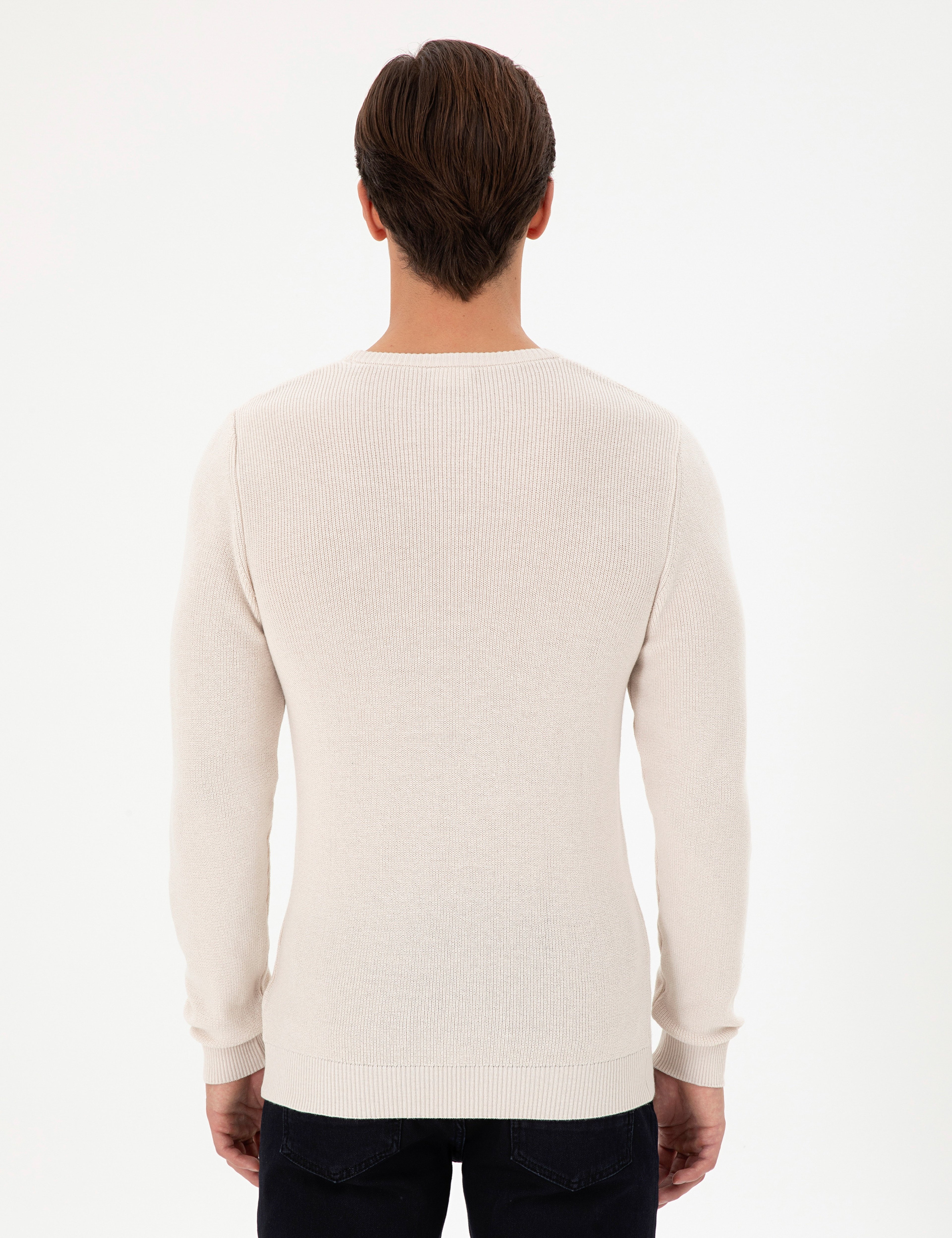 Erkek Slim Fit Bisiklet Yaka Krem Basic Kazak - Image 5