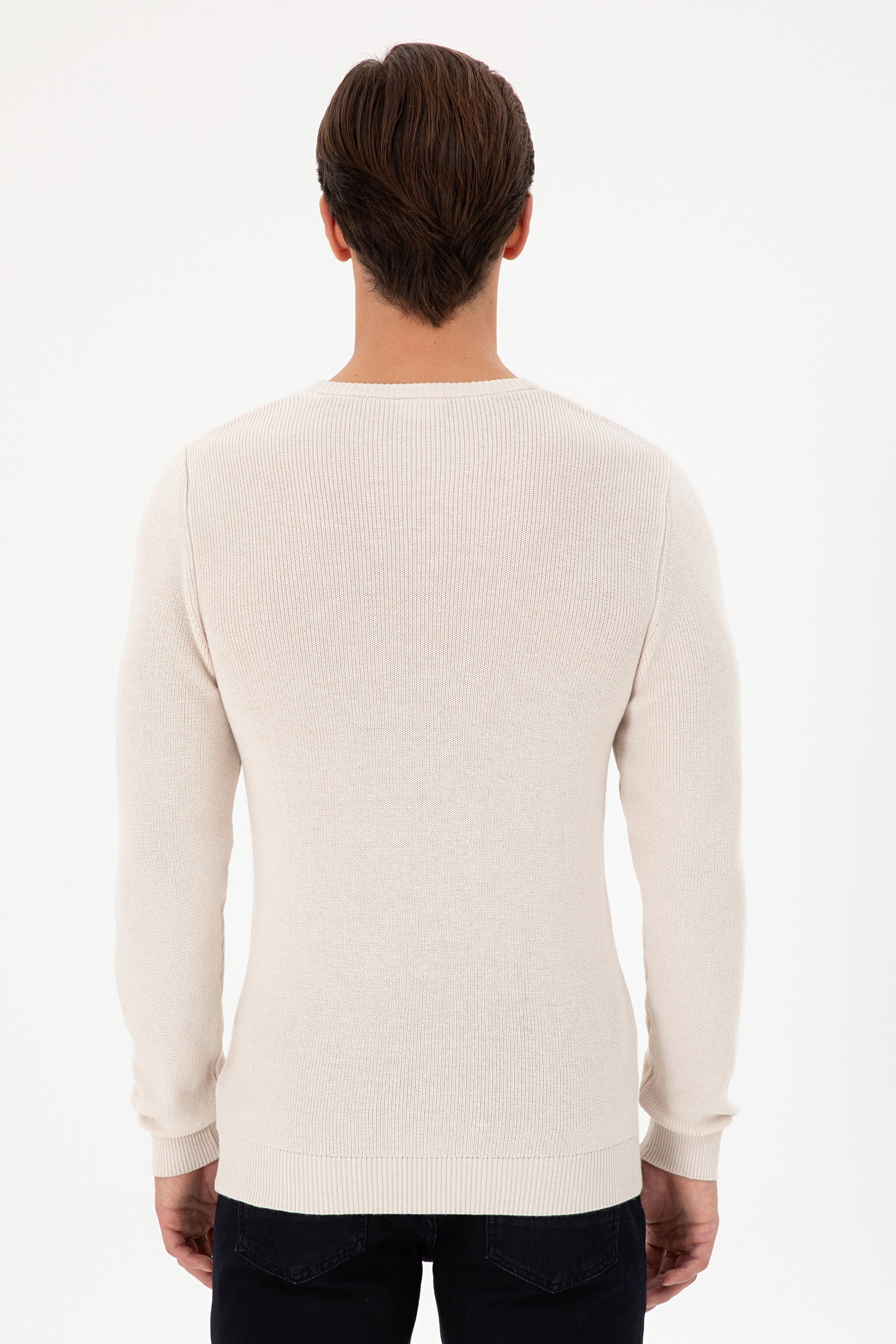 Erkek Slim Fit Bisiklet Yaka Krem Basic Kazak
