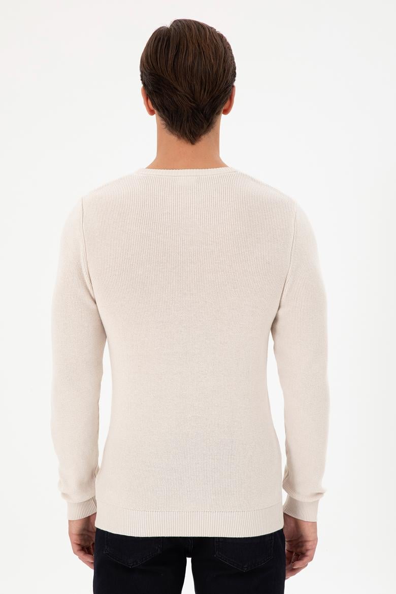 Erkek Slim Fit Bisiklet Yaka Krem Basic Kazak - 50298282053