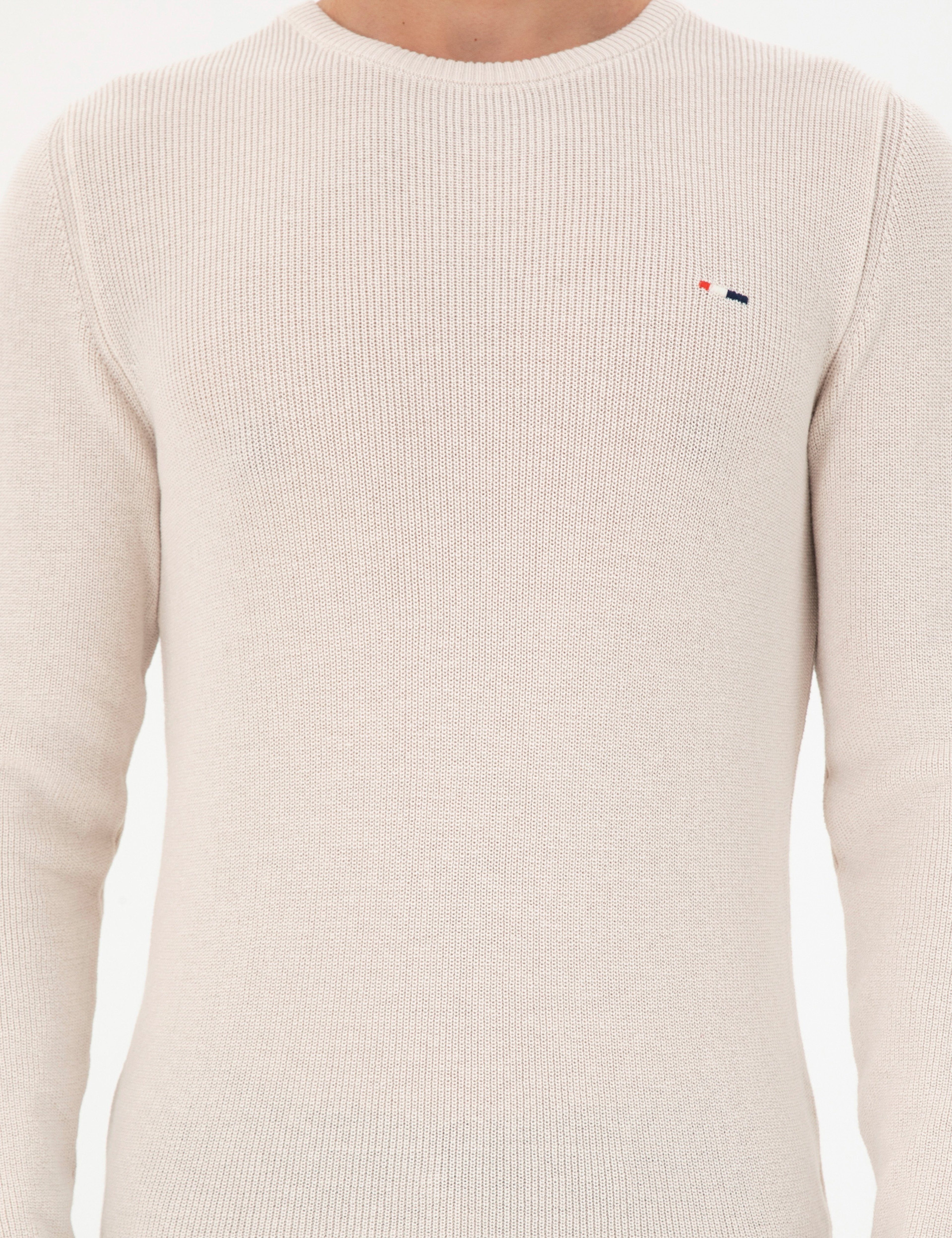 Erkek Slim Fit Bisiklet Yaka Krem Basic Kazak - Image 6