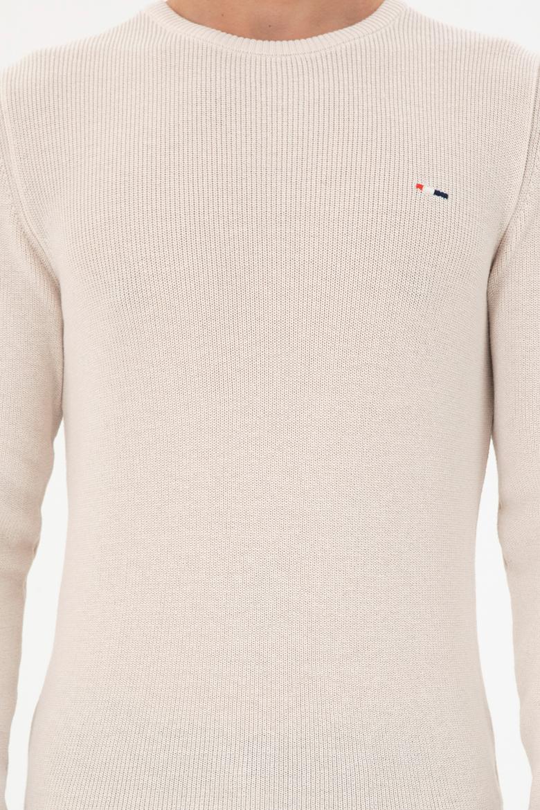 Erkek Slim Fit Bisiklet Yaka Krem Basic Kazak - 50298282053