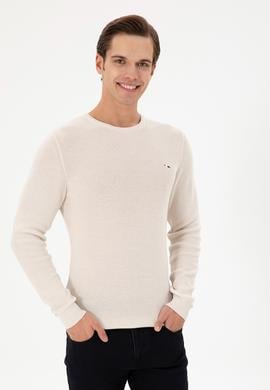 Erkek Slim Fit Bisiklet Yaka Krem Basic Kazak - 50298282053