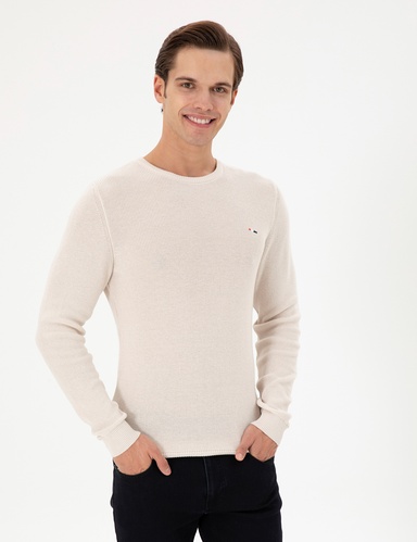 Erkek Slim Fit Bisiklet Yaka Krem Basic Kazak