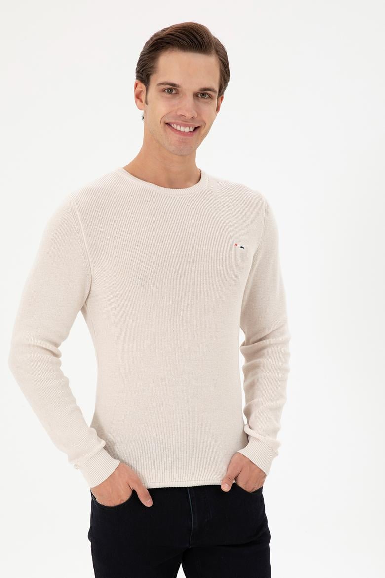 Erkek Slim Fit Bisiklet Yaka Krem Basic Kazak