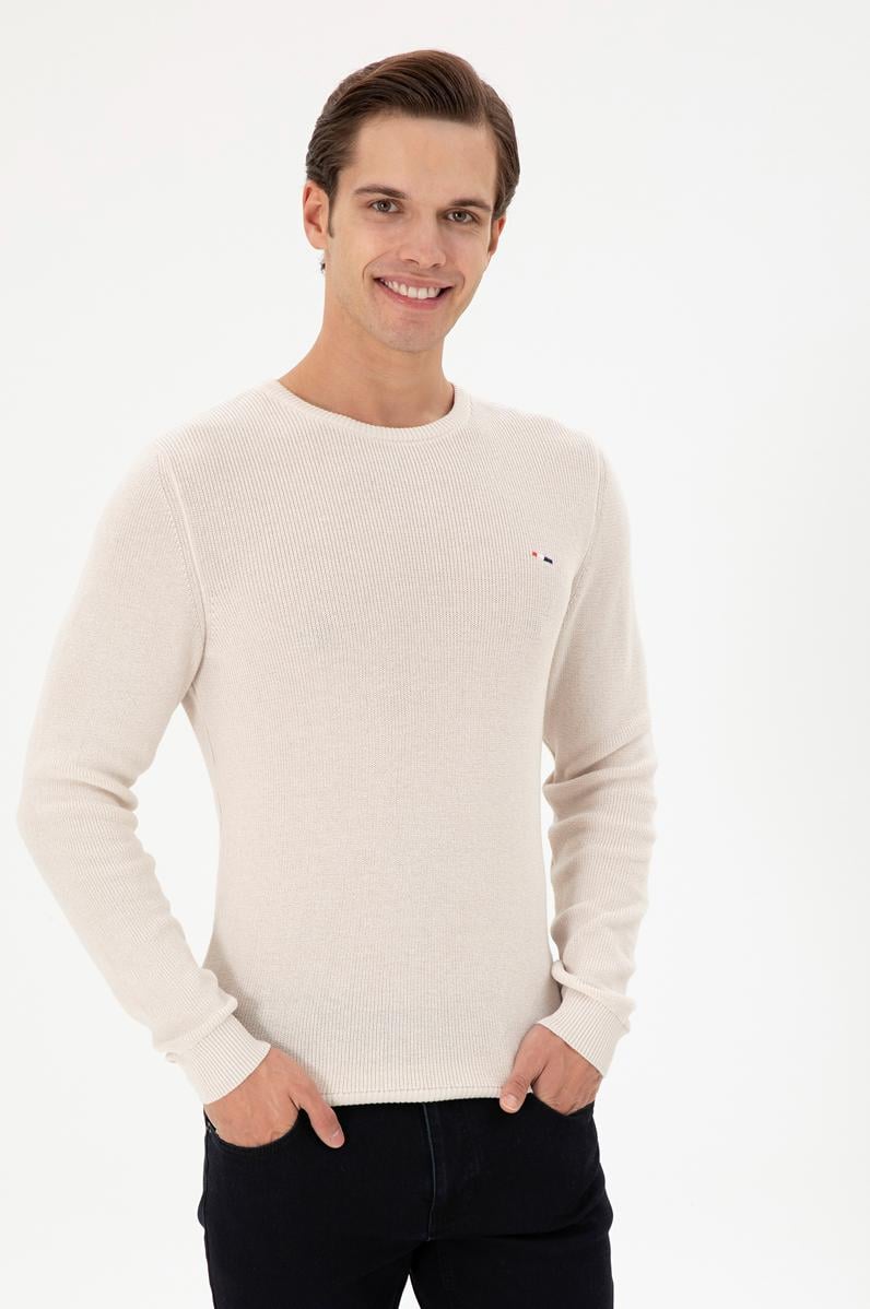 Erkek Slim Fit Bisiklet Yaka Krem Basic Kazak