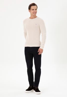 Erkek Slim Fit Bisiklet Yaka Krem Basic Kazak - 50298282053