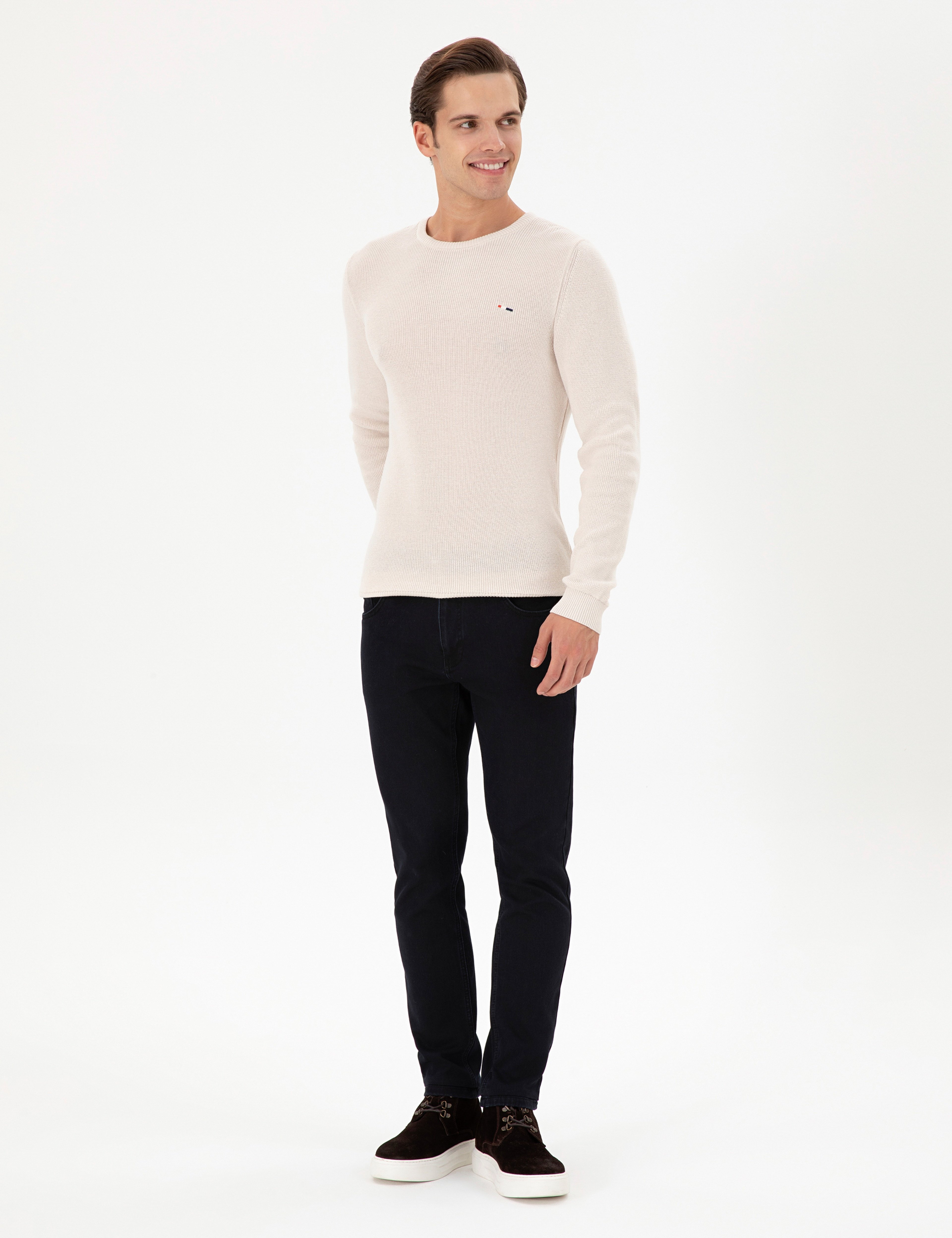 Erkek Slim Fit Bisiklet Yaka Krem Basic Kazak - Image 4