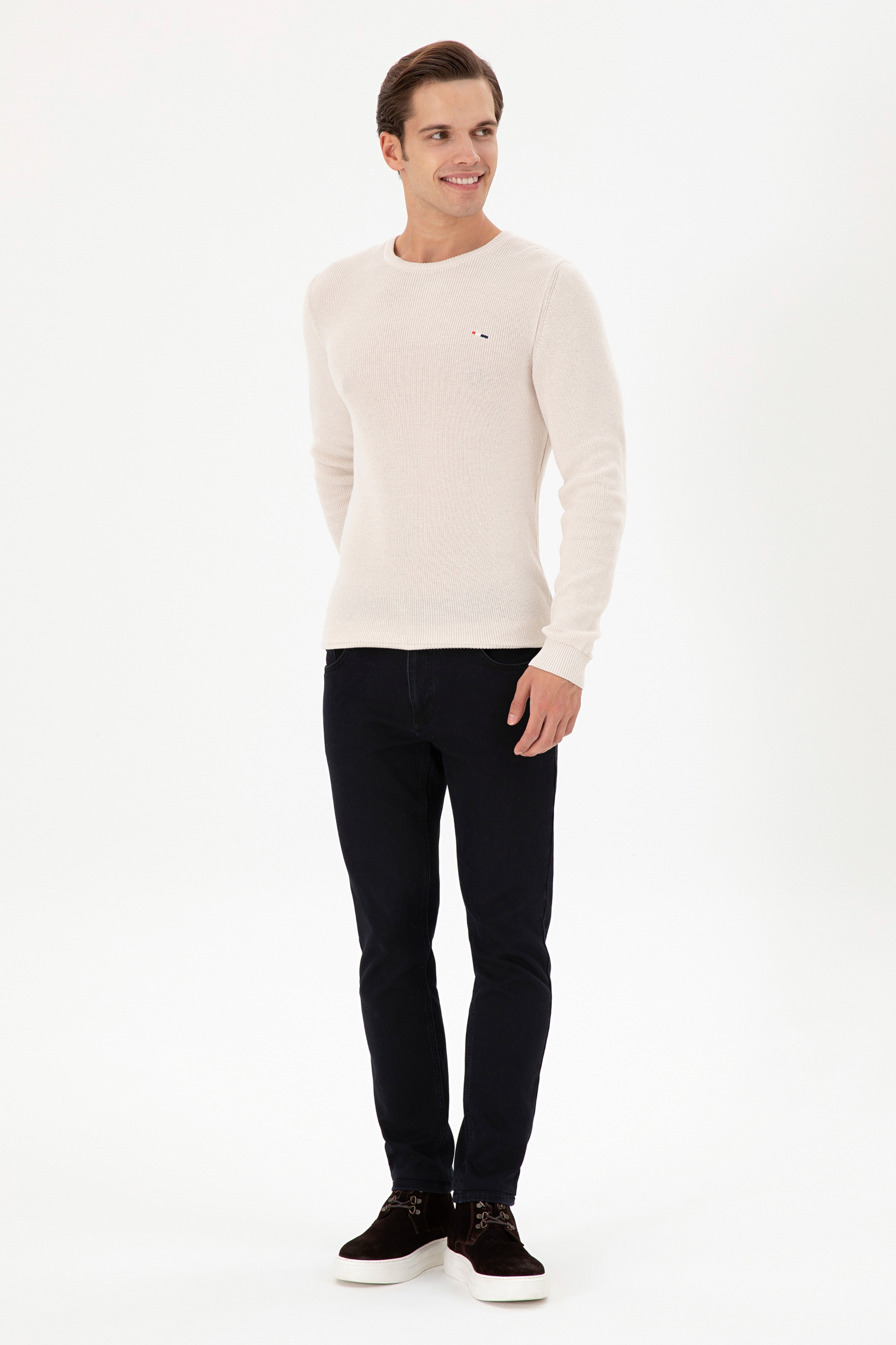 Erkek Slim Fit Bisiklet Yaka Krem Basic Kazak