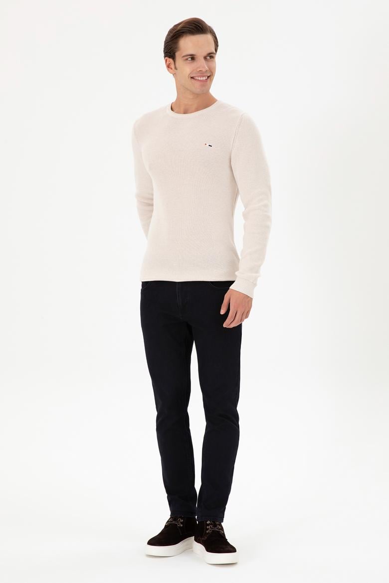 Erkek Slim Fit Bisiklet Yaka Krem Basic Kazak - 50298282053