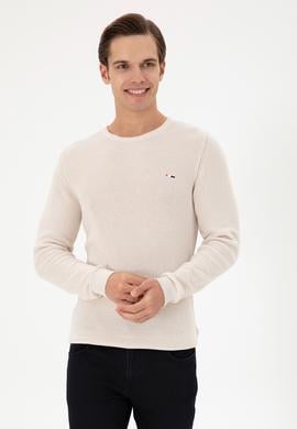 Erkek Slim Fit Bisiklet Yaka Krem Basic Kazak - 50298282053