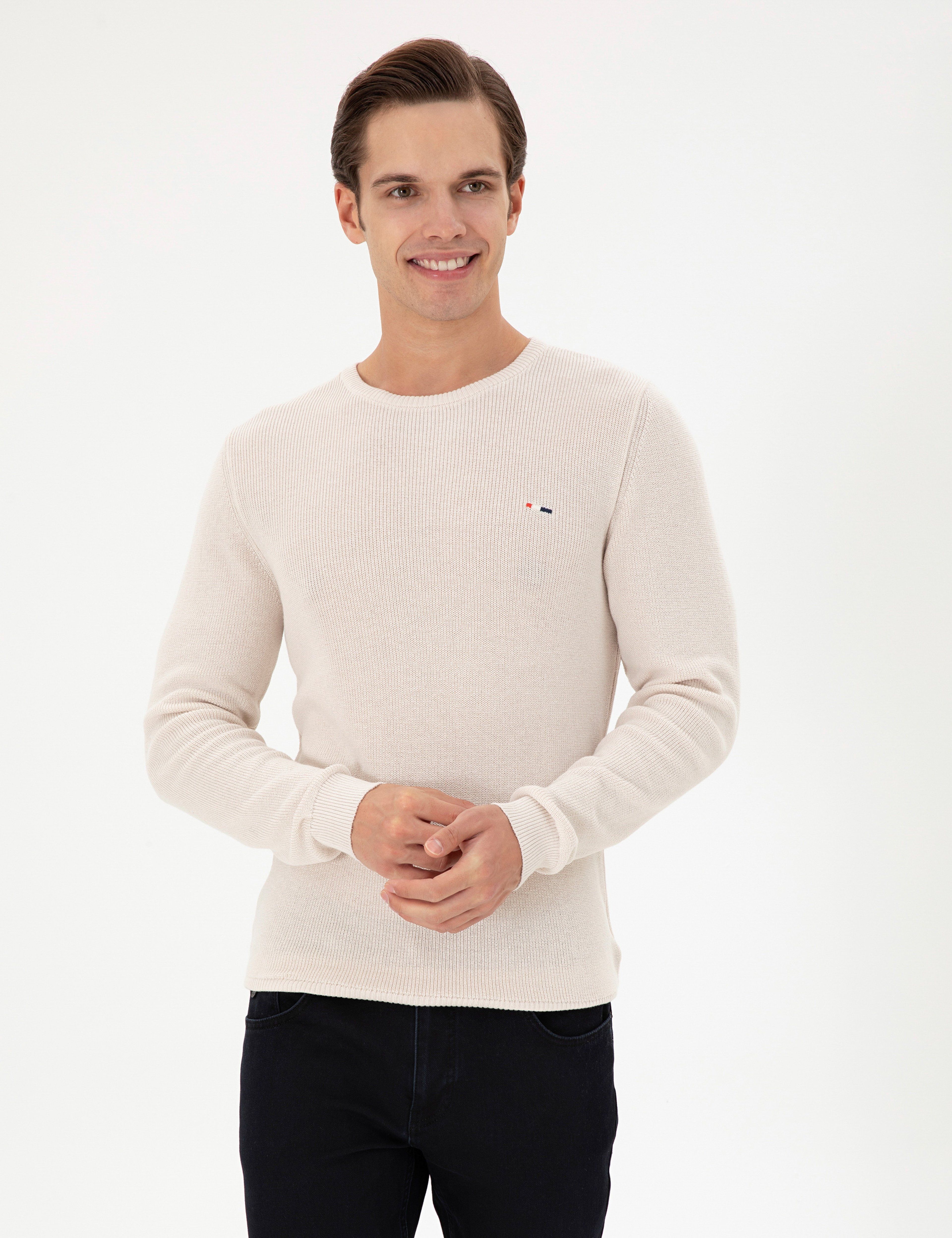 Erkek Slim Fit Bisiklet Yaka Krem Basic Kazak - Image 3