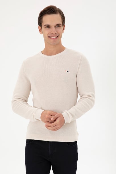 Erkek Slim Fit Bisiklet Yaka Krem Basic Kazak