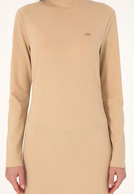 Kadın Kum Yırtmaçlı Dik Yaka Midi Boy Örme Elbise - 50297367016