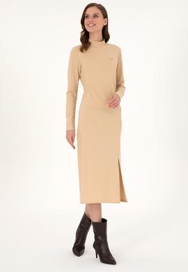 Kadın Kum Yırtmaçlı Dik Yaka Midi Boy Örme Elbise - 50297367016