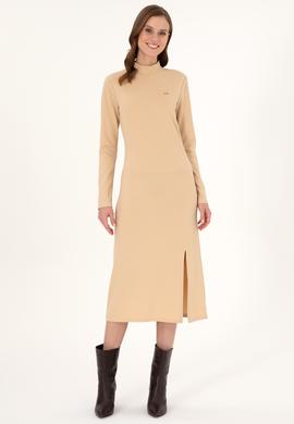 Kadın Kum Yırtmaçlı Dik Yaka Midi Boy Örme Elbise - 50297367016