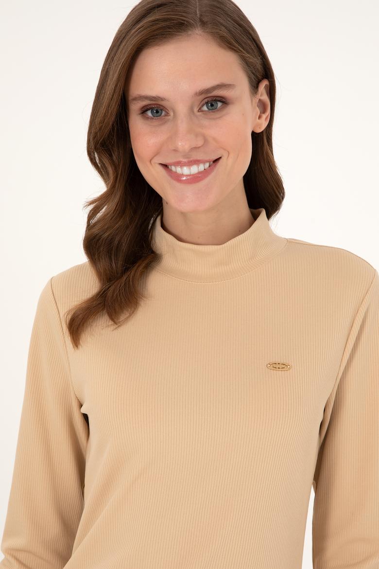 Kadın Kum Yırtmaçlı Dik Yaka Midi Boy Örme Elbise - 50297367016