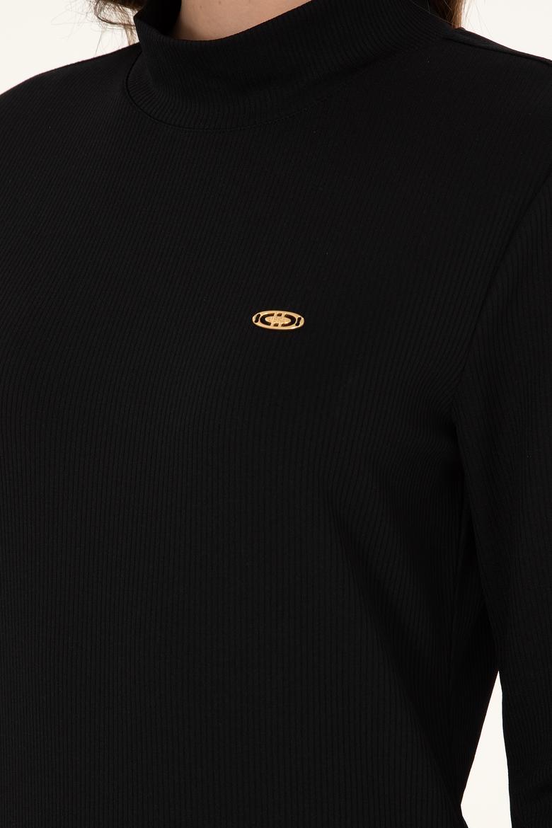 Kadın Siyah Yırtmaçlı Dik Yaka Midi Boy Örme Elbise - 50297367020