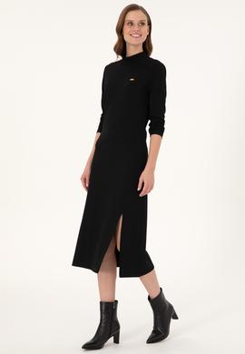 Kadın Siyah Yırtmaçlı Dik Yaka Midi Boy Örme Elbise - 50297367020