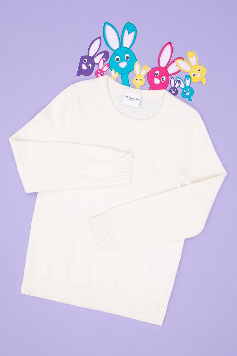 Kız Çocuk Krem Bisiklet Yaka Basic Kazak