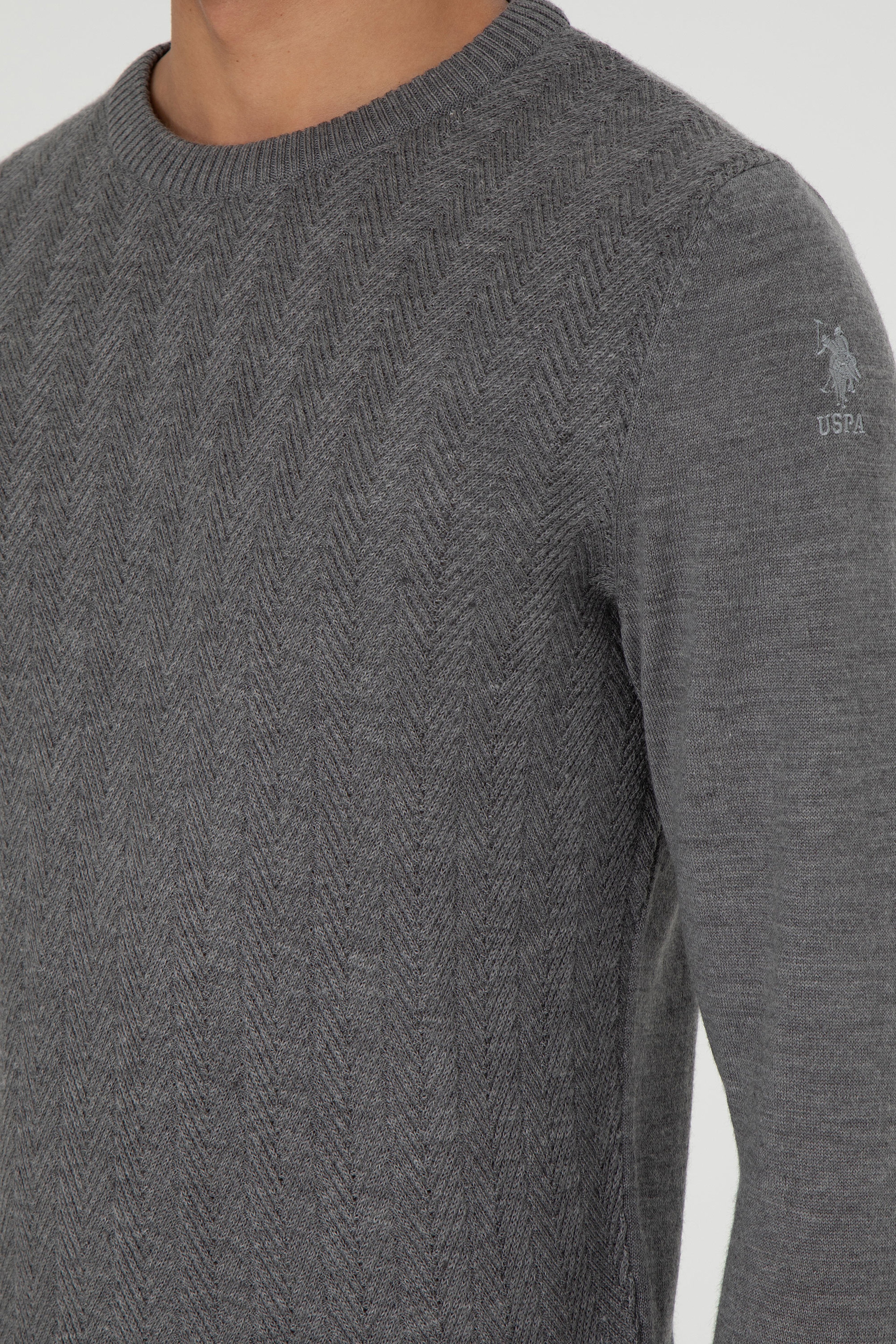 Erkek Slim Fit Bisiklet Yaka Gri Melanj Kazak - Image 7