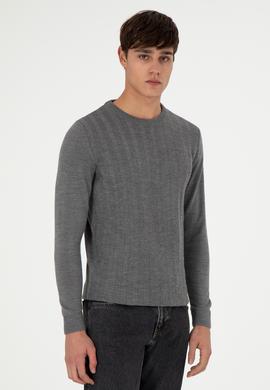 Erkek Slim Fit Bisiklet Yaka Gri Melanj Kazak - 50292865008