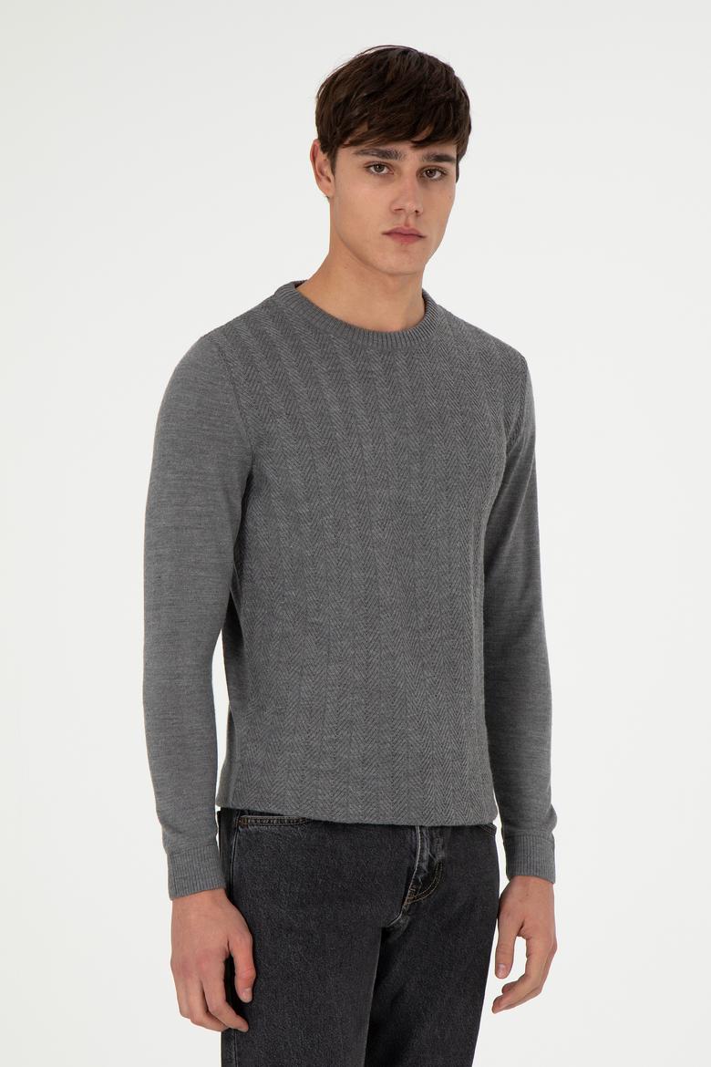 Erkek Slim Fit Bisiklet Yaka Gri Melanj Kazak