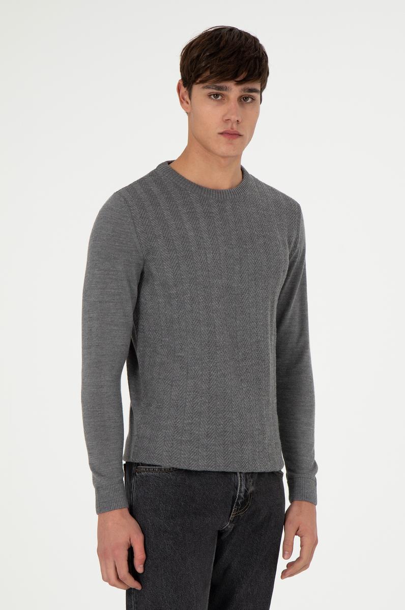 Erkek Slim Fit Bisiklet Yaka Gri Melanj Kazak