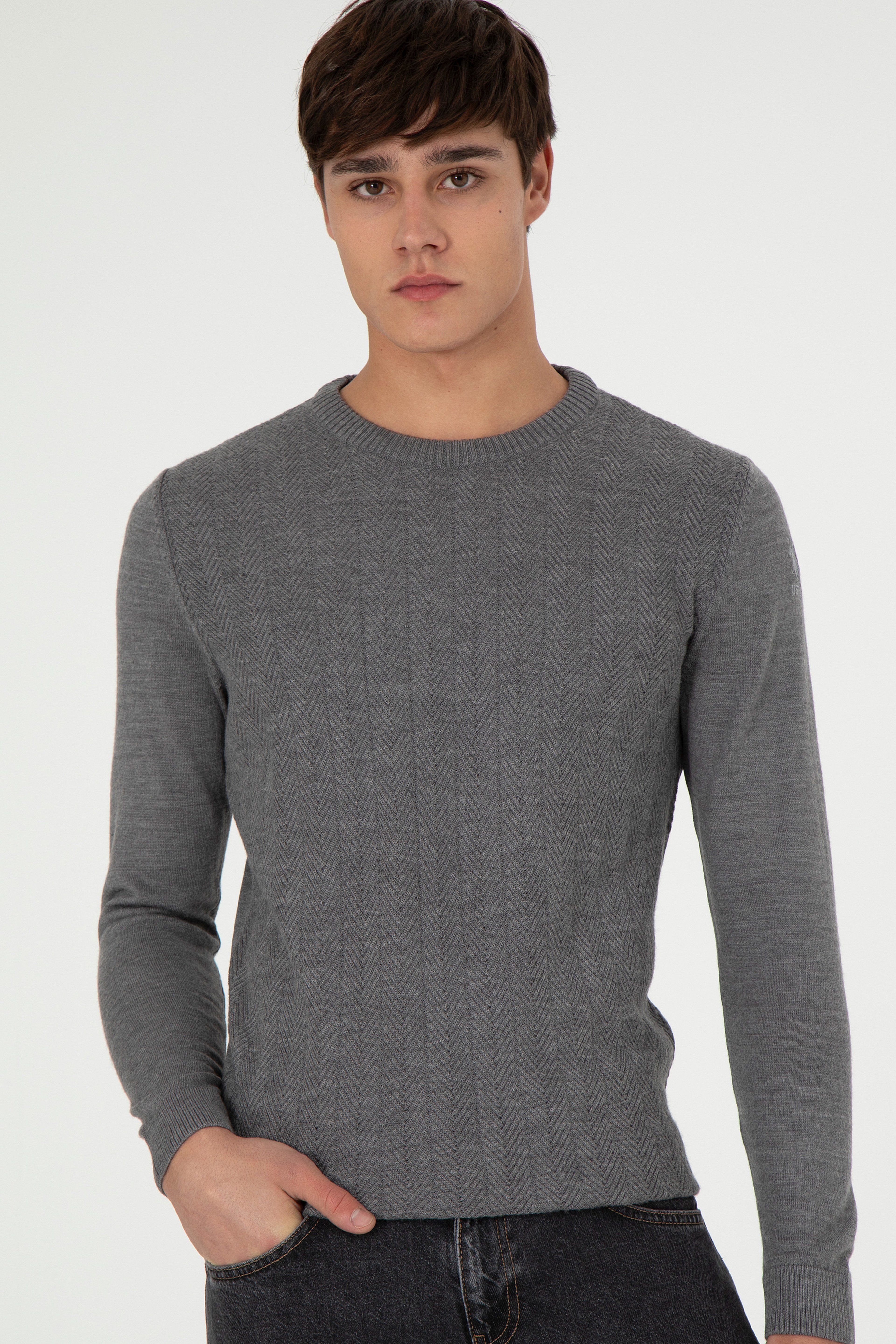 Erkek Slim Fit Bisiklet Yaka Gri Melanj Kazak