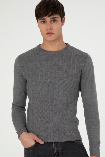 Erkek Slim Fit Bisiklet Yaka Gri Melanj Kazak