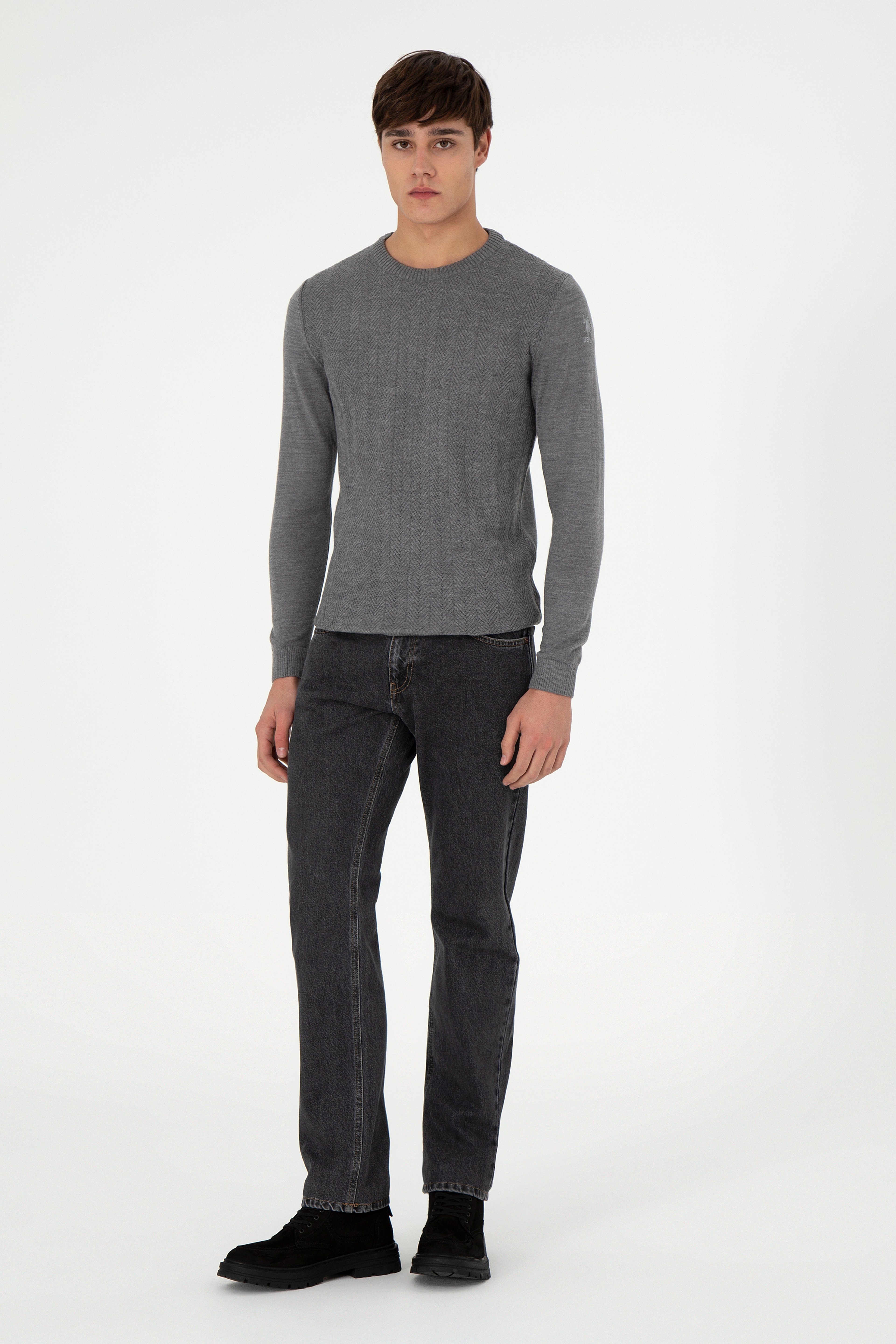 Erkek Slim Fit Bisiklet Yaka Gri Melanj Kazak