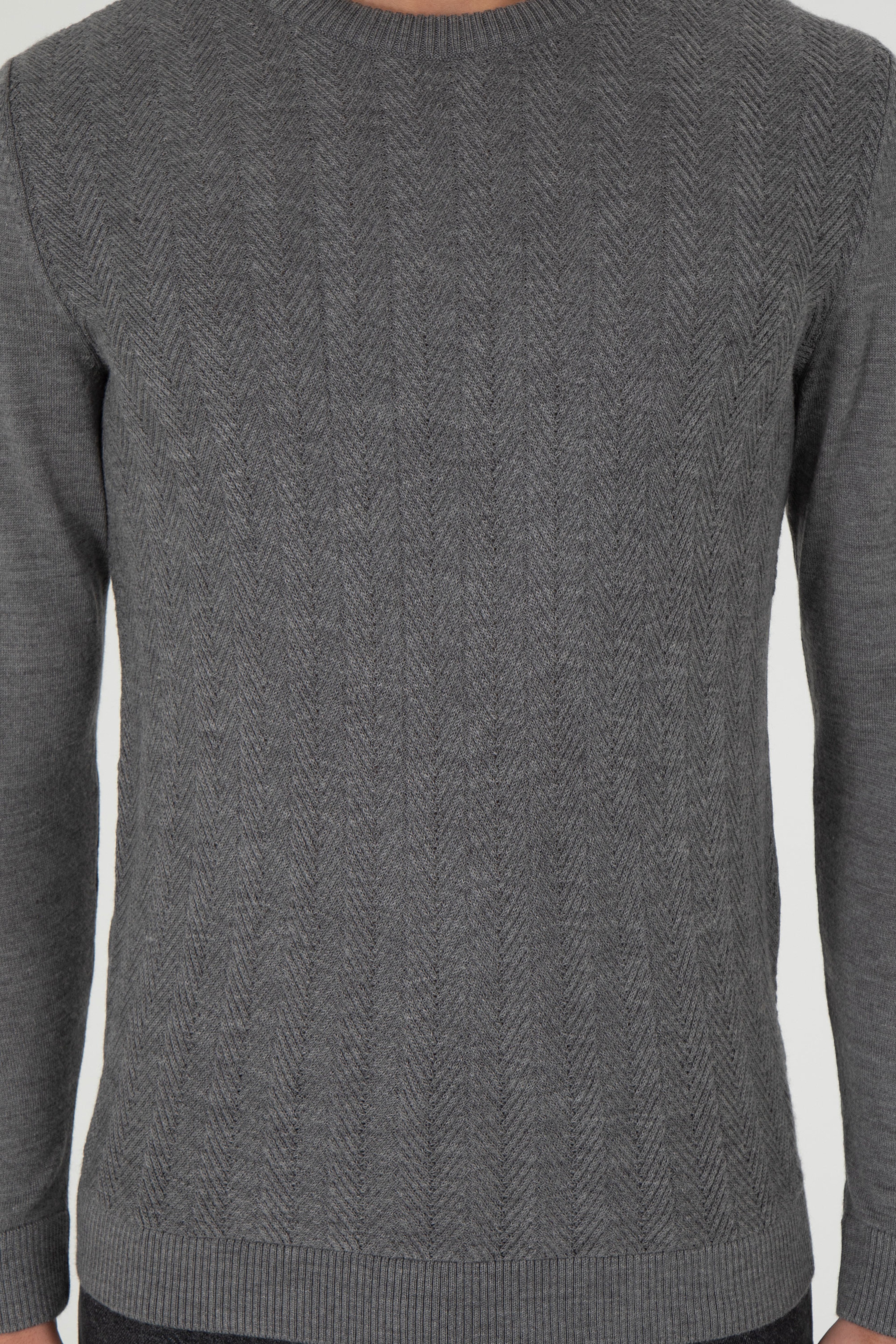 Erkek Slim Fit Bisiklet Yaka Gri Melanj Kazak