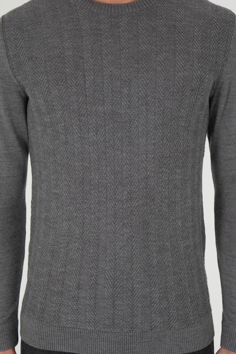 Erkek Slim Fit Bisiklet Yaka Gri Melanj Kazak - 50292865008