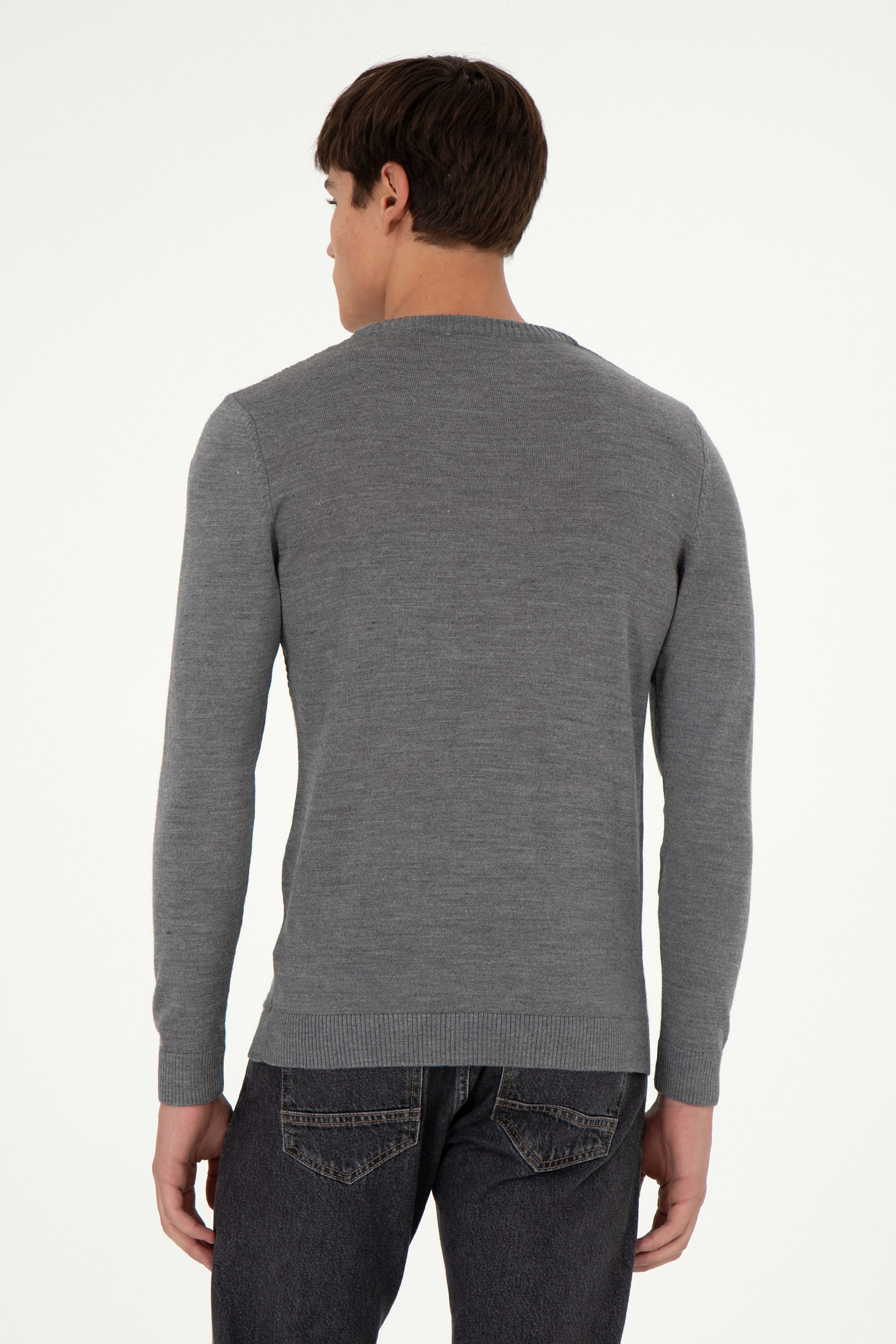 Erkek Slim Fit Bisiklet Yaka Gri Melanj Kazak - Image 5