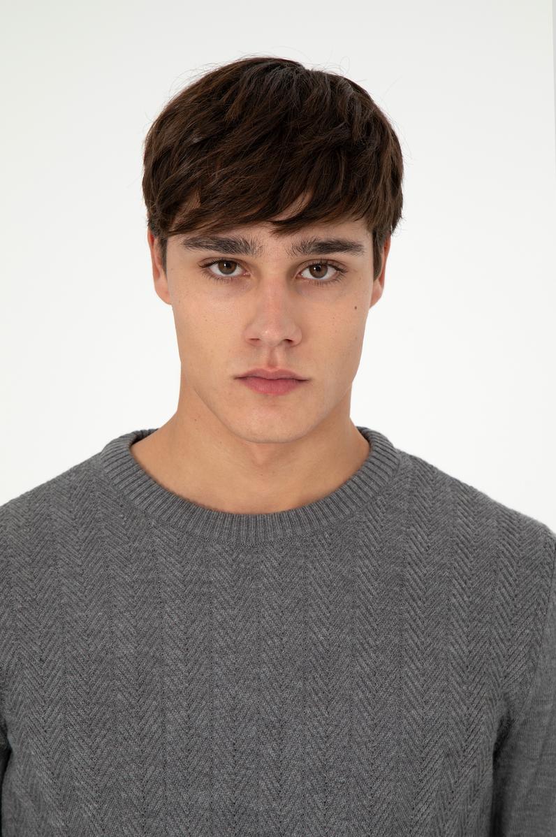 Erkek Slim Fit Bisiklet Yaka Gri Melanj Kazak