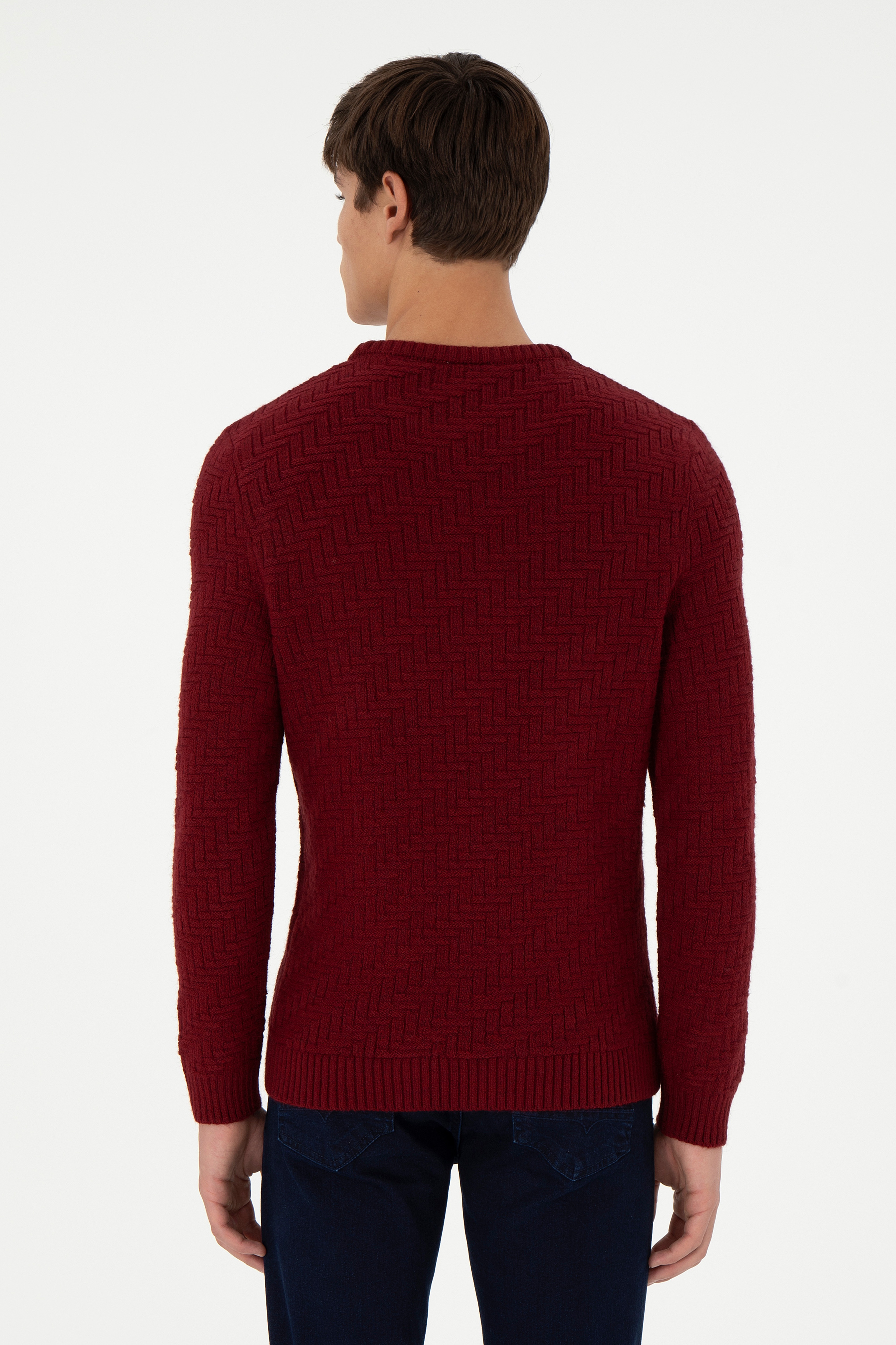 Erkek Slim Fit Bisiklet Yaka Bordo Kazak - Image 5
