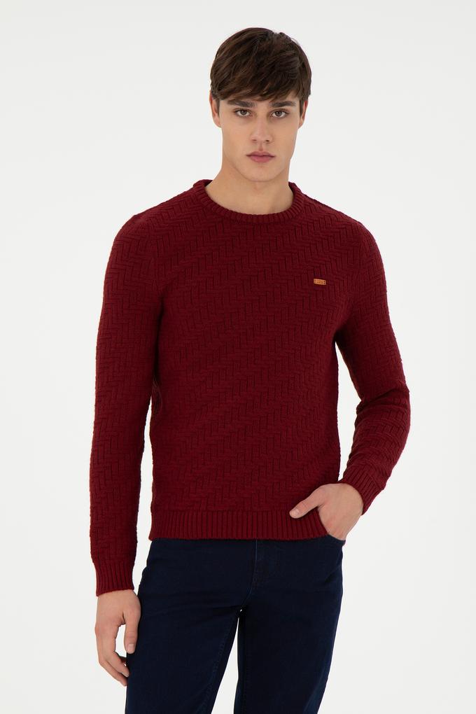 Erkek Slim Fit Bisiklet Yaka Bordo Kazak