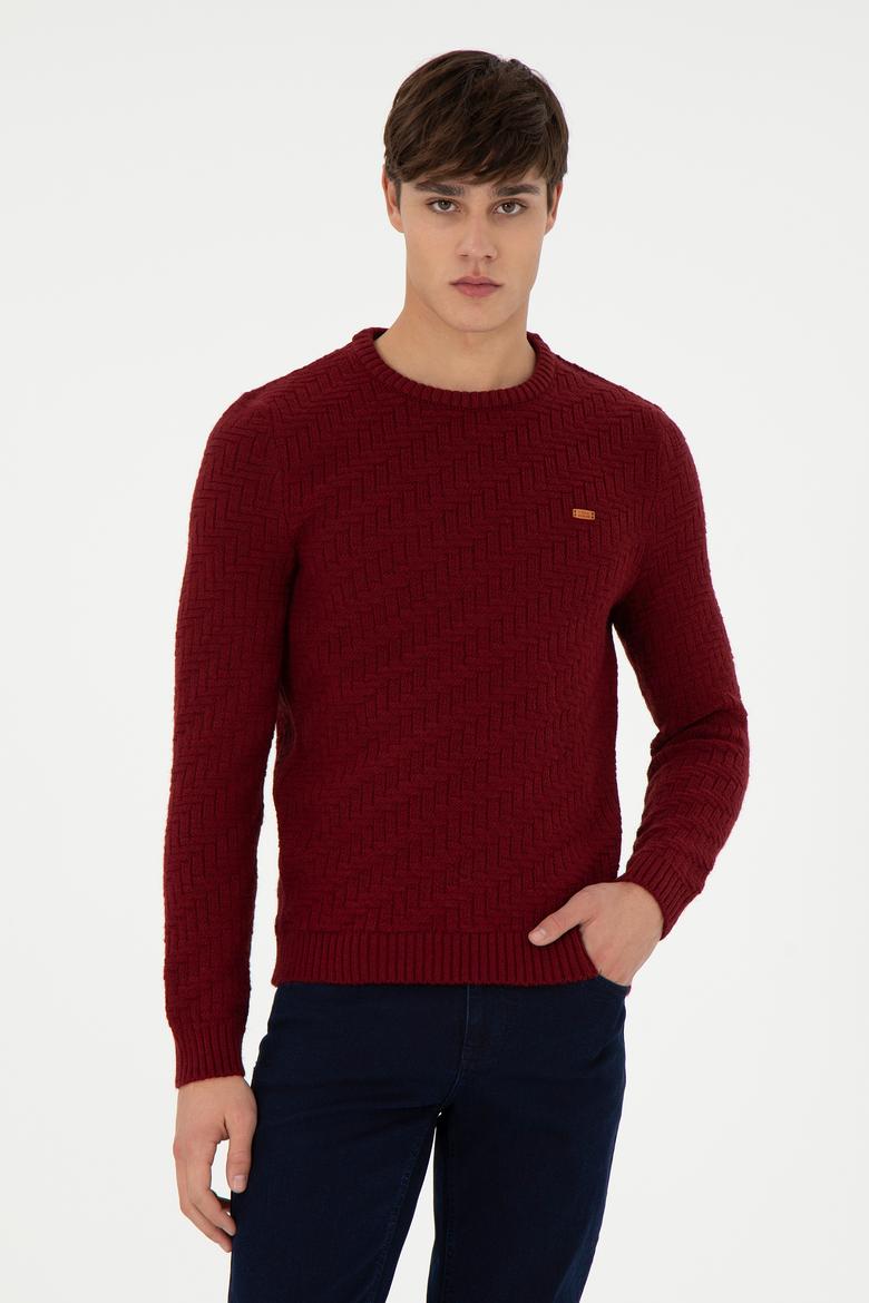 Erkek Slim Fit Bisiklet Yaka Bordo Kazak