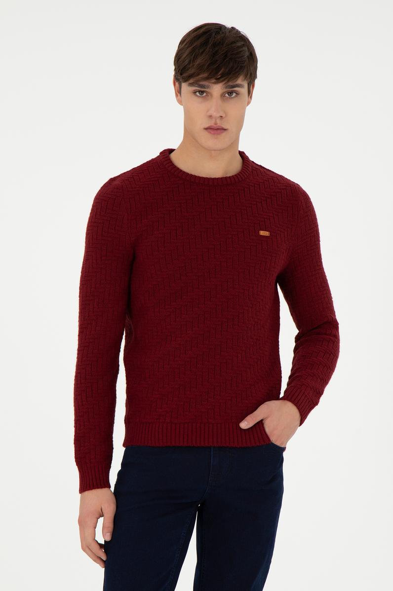 Erkek Slim Fit Bisiklet Yaka Bordo Kazak